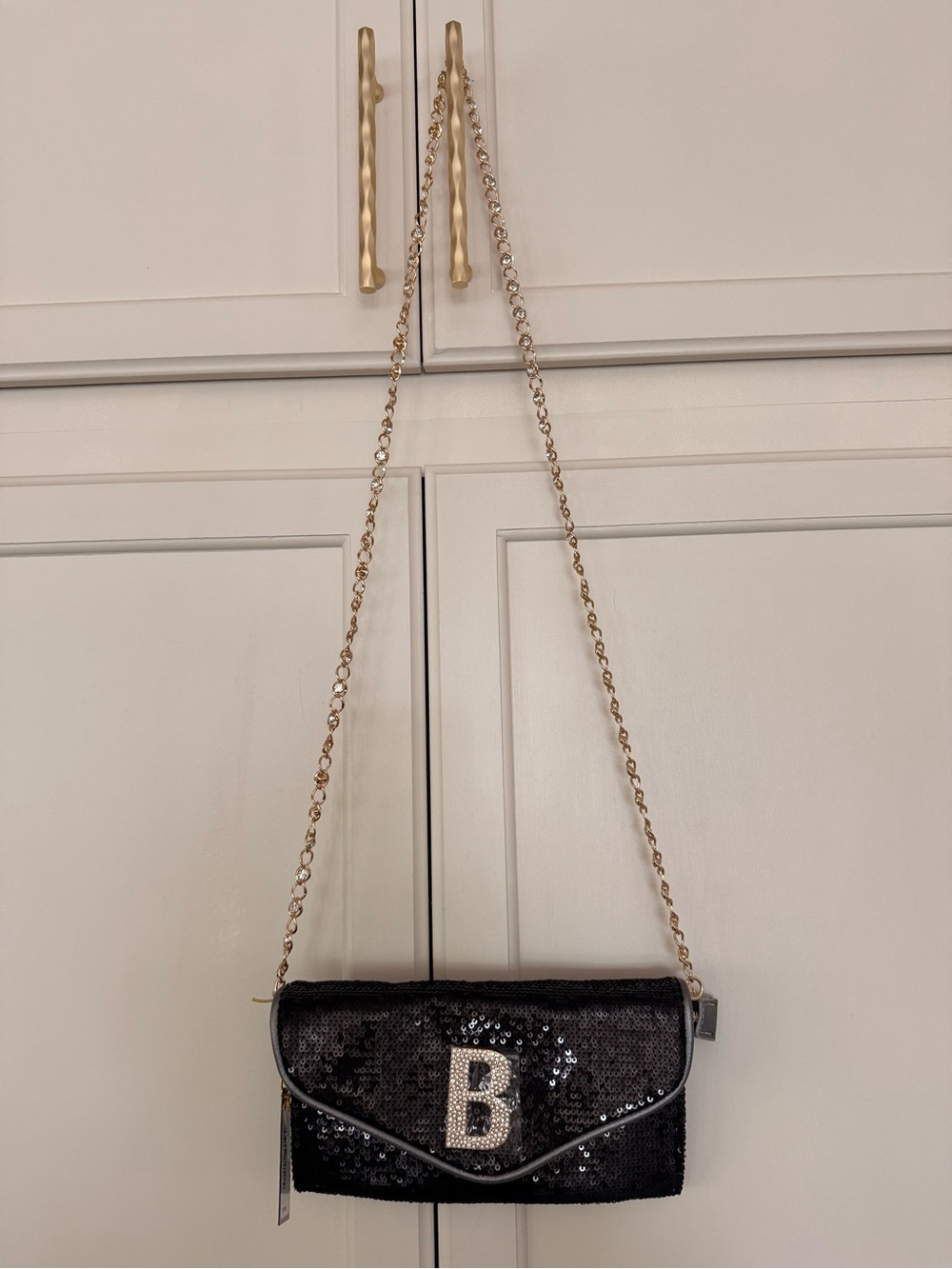 NWT Bebe Black Miro Sequin Crossbody Clutch, Rhinestone Gold Chain Shoulder Stra